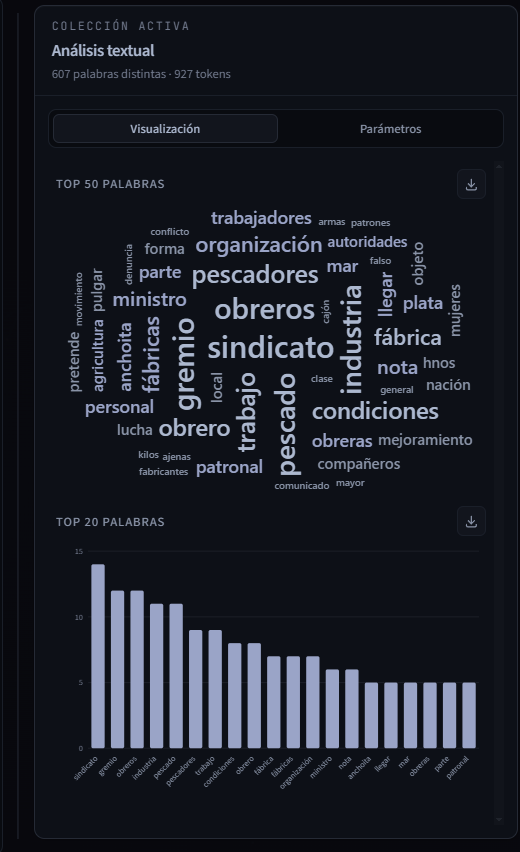 Detalle del análisis textual de una colección: nube de palabras, gráfico de frecuencias y pestañas Visualización y Parámetros.