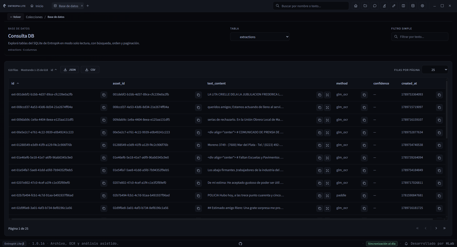 Captura de Consulta DB: selector de tabla, filtro simple, filas por página, datos, controles de copia y descarga JSON o CSV.