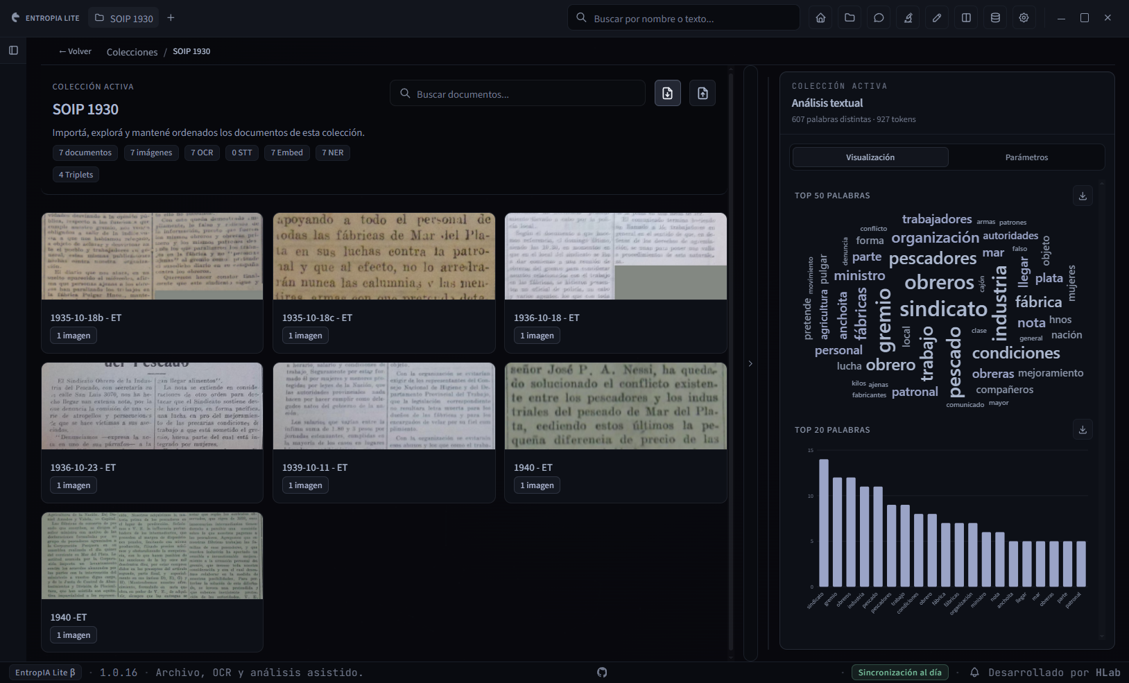 Captura de EntropIA Lite: una colección de fuentes con sus documentos y el panel de análisis textual.