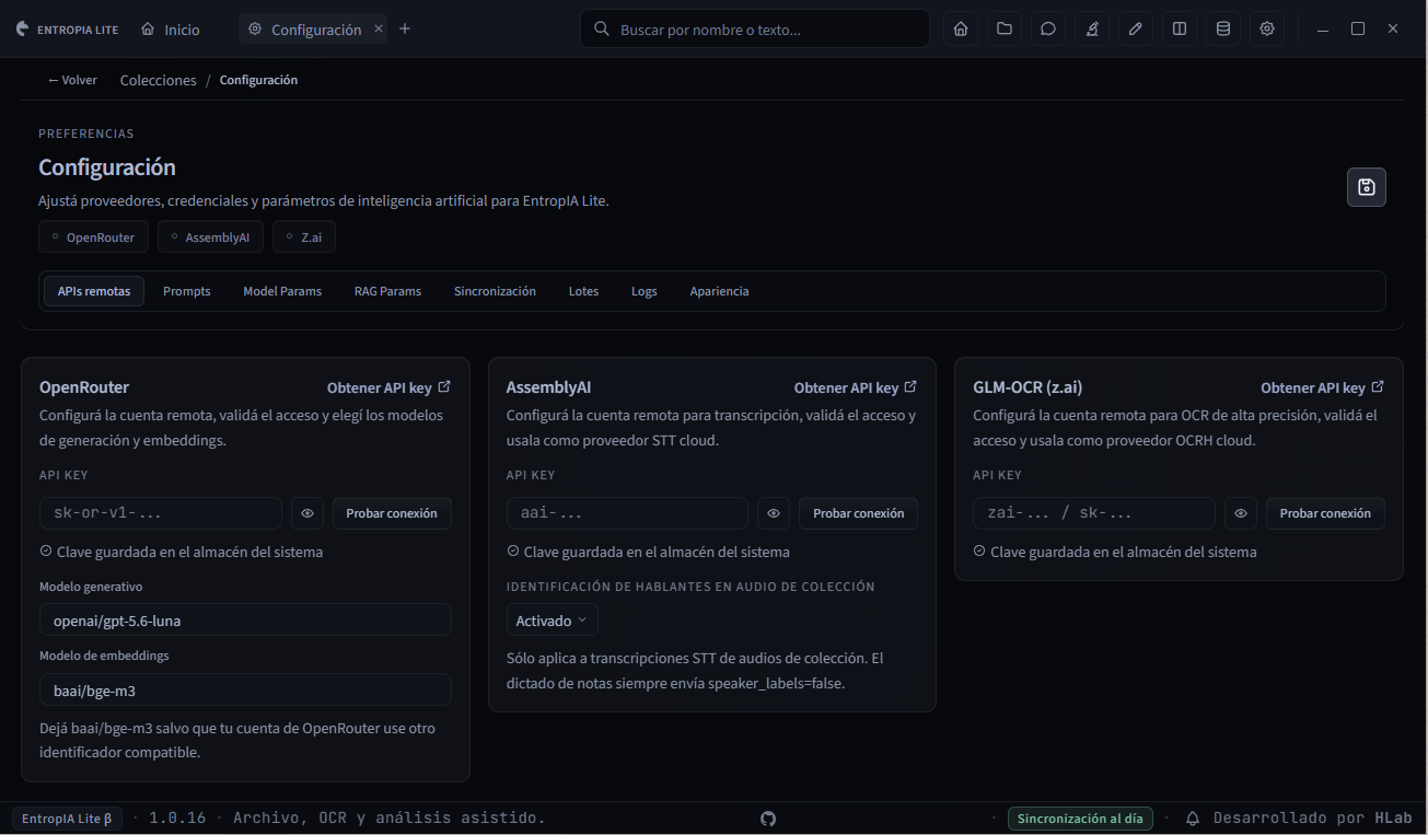 Captura de Configuración en Lite: OpenRouter, AssemblyAI y GLM-OCR, sus pruebas de conexión y las pestañas de preferencias, incluida Apariencia. Los campos muestran claves ocultas.