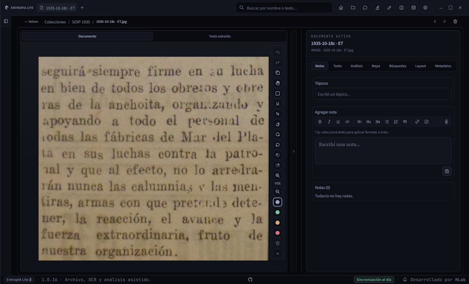 Captura de un documento: imagen original a la izquierda, herramientas del visor y panel de Notas a la derecha. Texto extraído cambia la vista central; Texto abre las acciones de procesamiento.