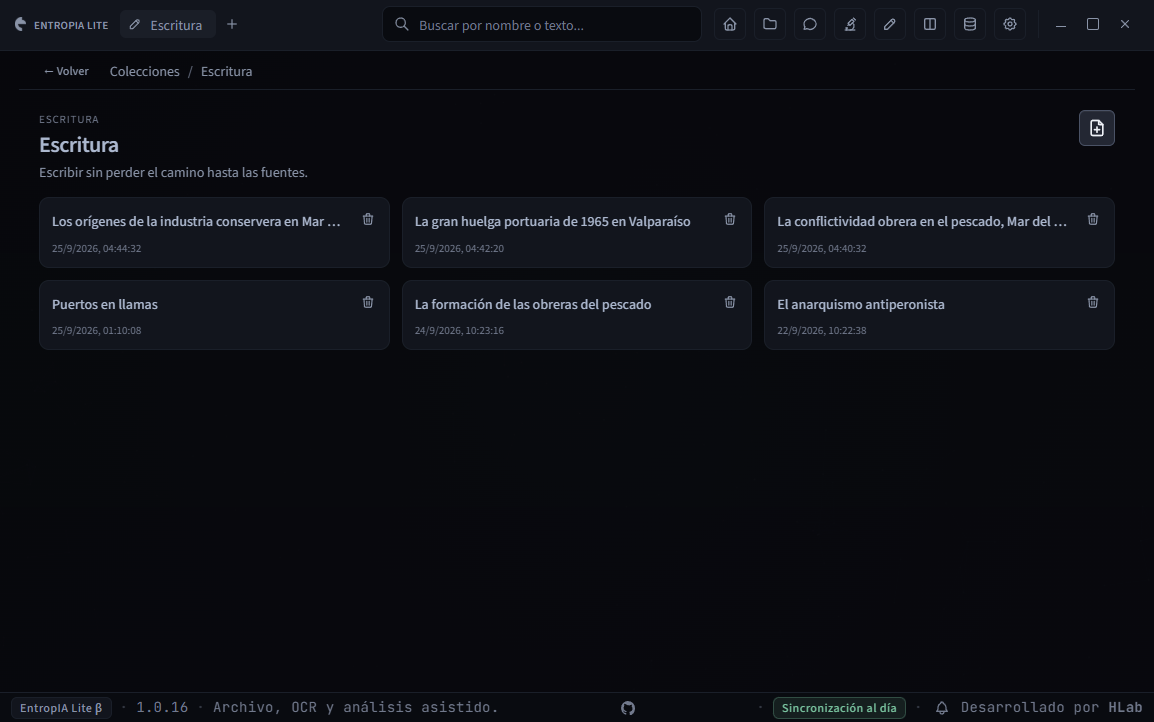 Captura de Escritura: lista de manuscritos existentes y botón Documento nuevo en la esquina superior derecha.