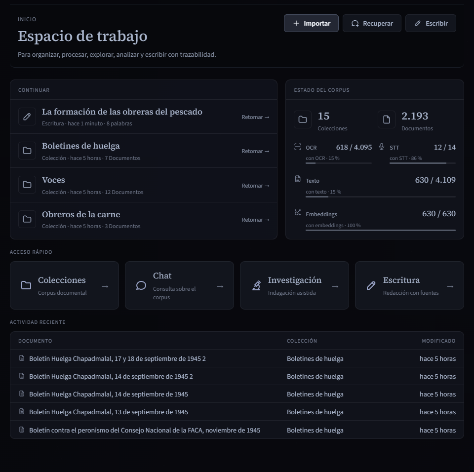 Detalle de Inicio, recortado de la captura de vista dividida: Continuar, Estado del corpus, Acceso rápido y Actividad reciente.