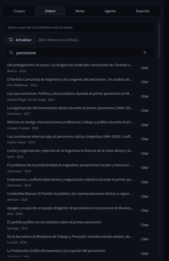Detalle de Zotero dentro de Escritura: estado de conexión, Actualizar, búsqueda bibliográfica y acción Citar en cada referencia.
